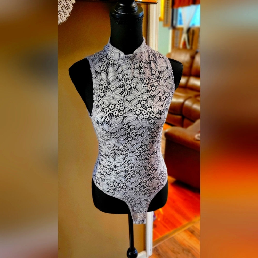 Ladies RD Style Grey Lace Thong Body Suit, Size Medium